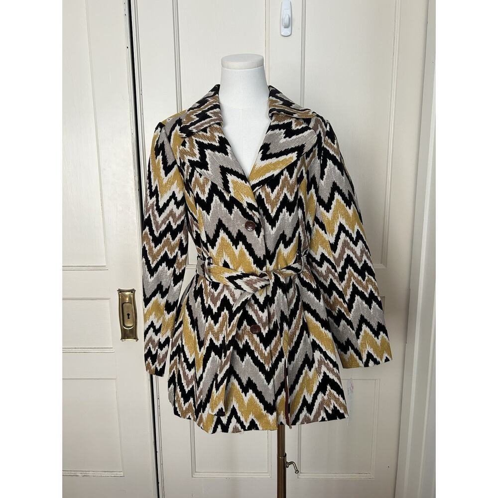 3 Sisters Zig Zag Velvet Accent Belted Pea Coat Womens Size Med Tan Black NWT